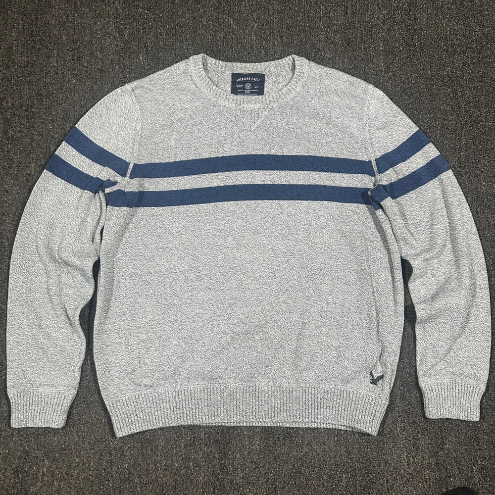 American Eagle Sweater Mens Large Gray Navy Striped Cotton Crewneck Excellent